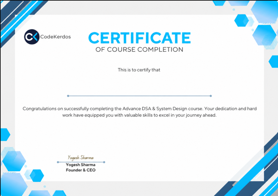 Professional course completion certificate